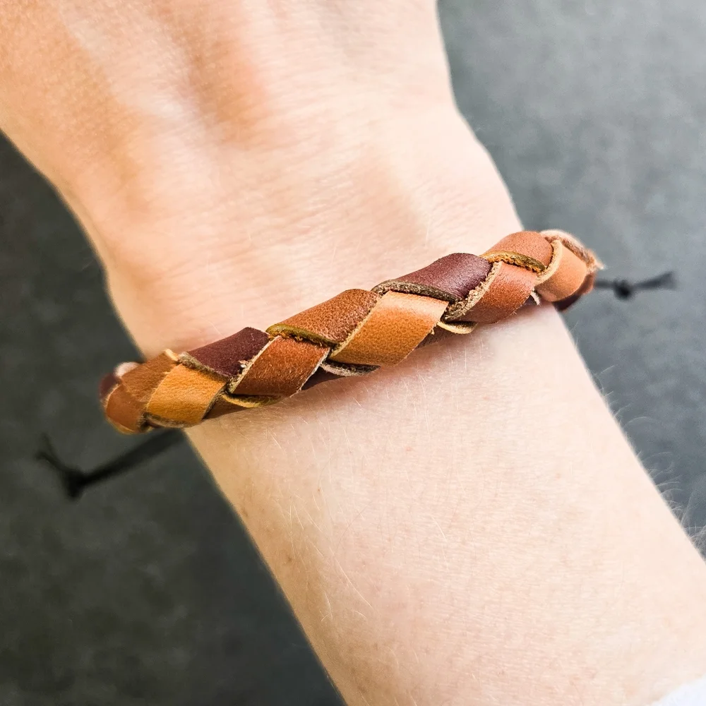 NWT Handmade Reclaimed Leather Braided Bracelet, Tan & Brown